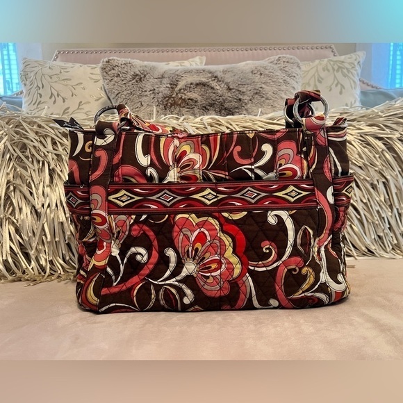 VERA BRADLEY Puccini 2008 Whitney Bag Brown Orange 2 Handle Zip Top Y2K Quilted - Picture 5 of 15